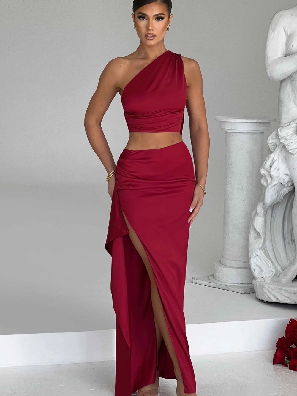 Babyboo One-Shoulder Red Two-Piece Maxi Dress